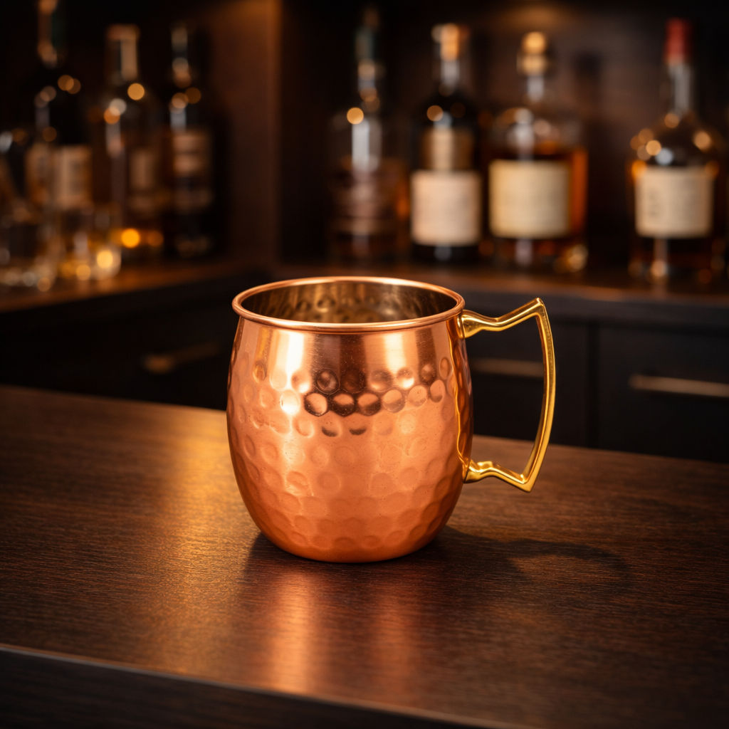 Pure copper hammered round shaped moscow mule, beer mug with designer brass handle & tin lining, barware, 1, 530 ML
